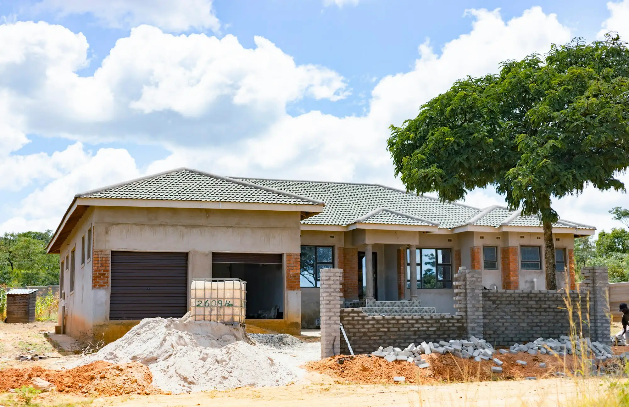 Brick home under construction on a residential building site