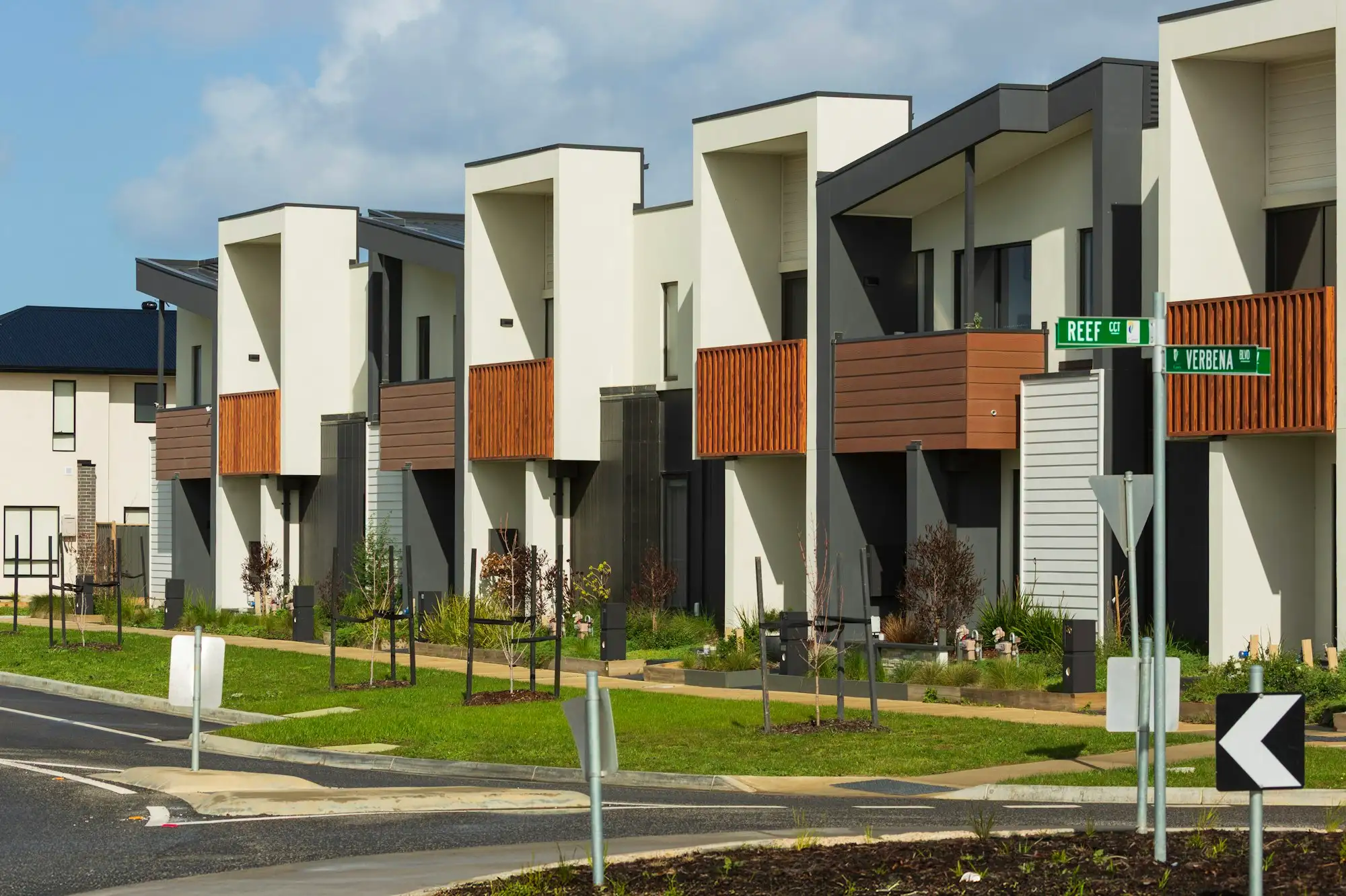 Newly completed townhouses in an Australian suburb