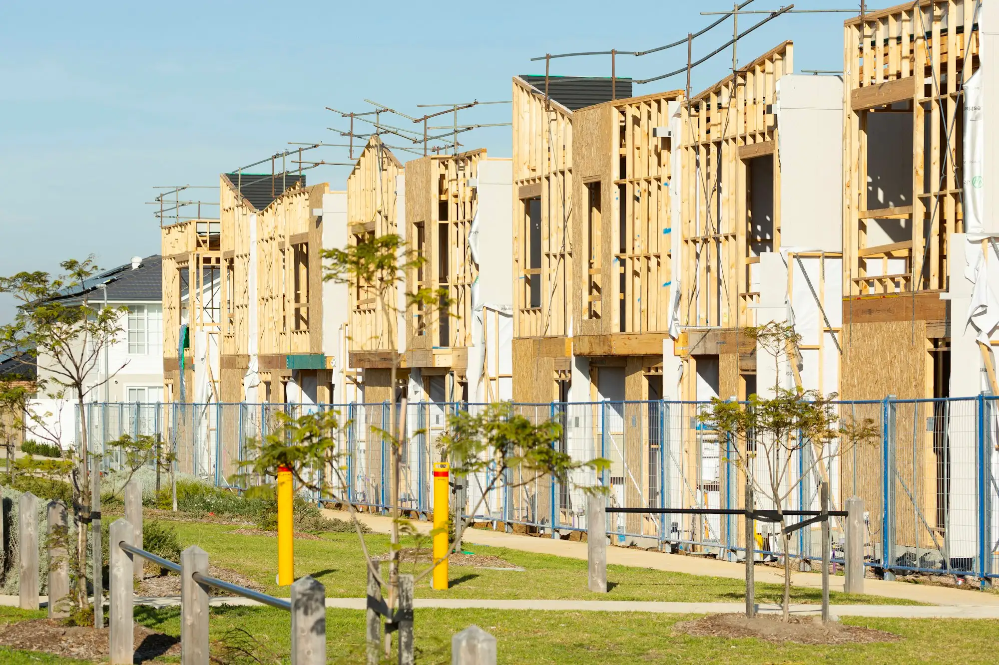 Row of townhouses under construction on an Australian building site